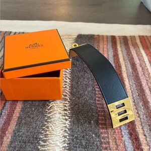 Hermes Black Leather Bracelet with Gold Buckle